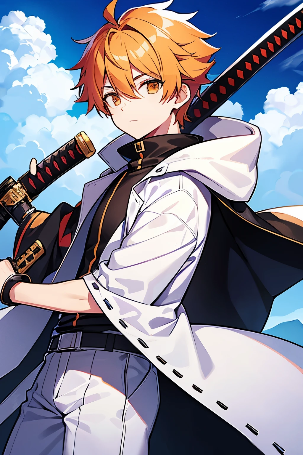 He wears clothes with clouds printed on them., The color of this cloud is white, he is wearing an orange scarf and a black jacket, The hairstyle is short hair, he has a sword in his right hand