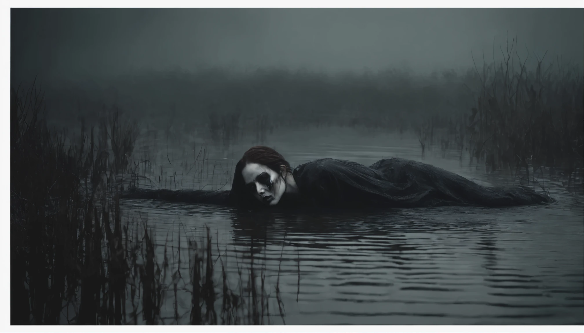 pale demon woman crawling out the water in a foggy marsh, horror movie, cinematic look, creepy aesthetic, ultra detailed, photorealistic, masterpiece.