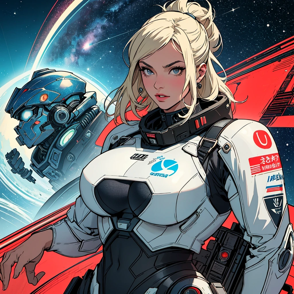 (((highest quality))),masterpiece,1 woman,((the perfect person)),((Super beautiful woman)),detailed perfect face,retro,vintage,classic,60's,70's,80's,old movie posters,abstract,((スペーススリラーmovie poster)),(Futuristic),Geometric pattern,very delicate,movie poster_white frame,universe,Milky Way,planet,,propaganda,universe飛行士,breast enhancement,simple,(big breasts),(cleavage),cyber punk,massive stream of light,overlay,SF,A scene from a science fiction movie,universeステーション,tattoo,American comic book style,perfect fingers,perfect physical beauty,perfect body,anime,highlight,stylish,
