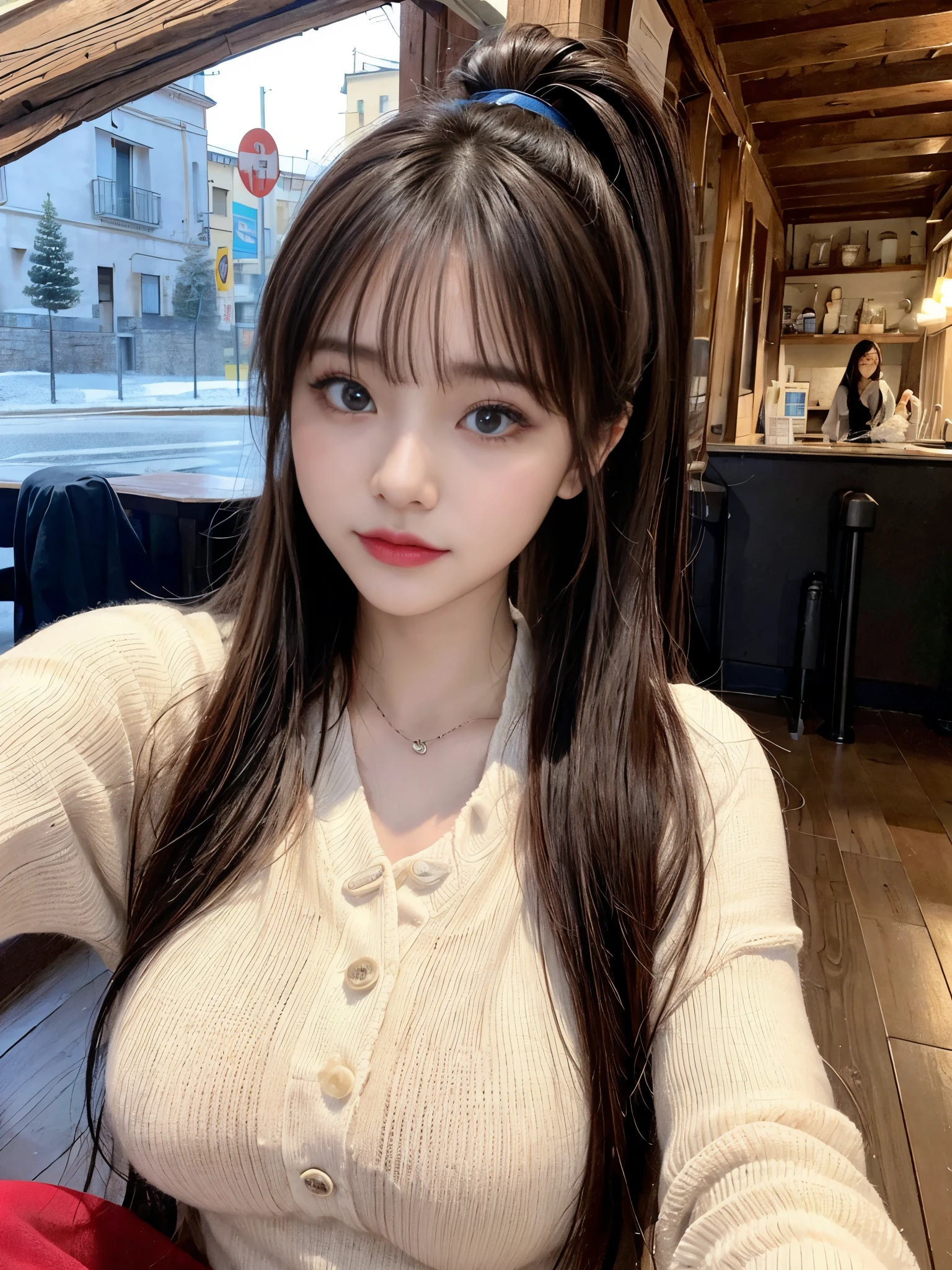 (on the table, best quality、high detail:1.1、Very attractive adult beauty、Add intense highlights to your eyes、backward、looking back、Beautiful woman full of adult charm、perfect anatomy、((long straight hair, high ponytail))),1 girl, alone, actual、tilt your head slightly, short and shiny hair、 Knitted sweaters、Stylish muffler,Bangs、big eyes、eyelash、Face a little red、Awkward)、((Italian winter road system、絶対に美しいBangs:1.4))、big eyes、Give students strong highlights、(huge breasts:1.4}、Yurt breasts are big、Very beautiful beauty、please show your ears))、28 years old、Very cute super model