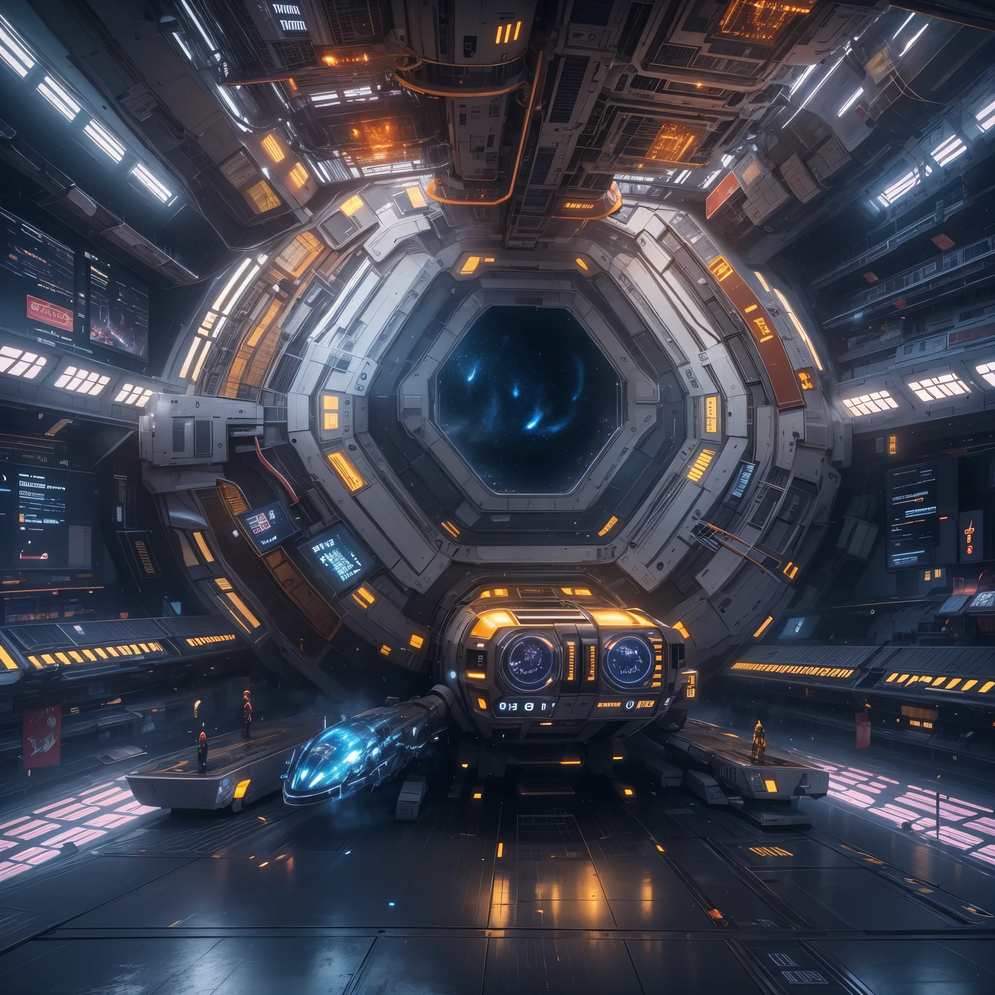 There is a huge spaceship floating in the sky，There is a large viewing platform，There&#39;s a huge engine in the back, futuristic interior, sci-fi interior, Detailed futuristic architecture, gorgeous 3d render, origami studio 3 design, rendered in lumion pro, stunning 3 d render