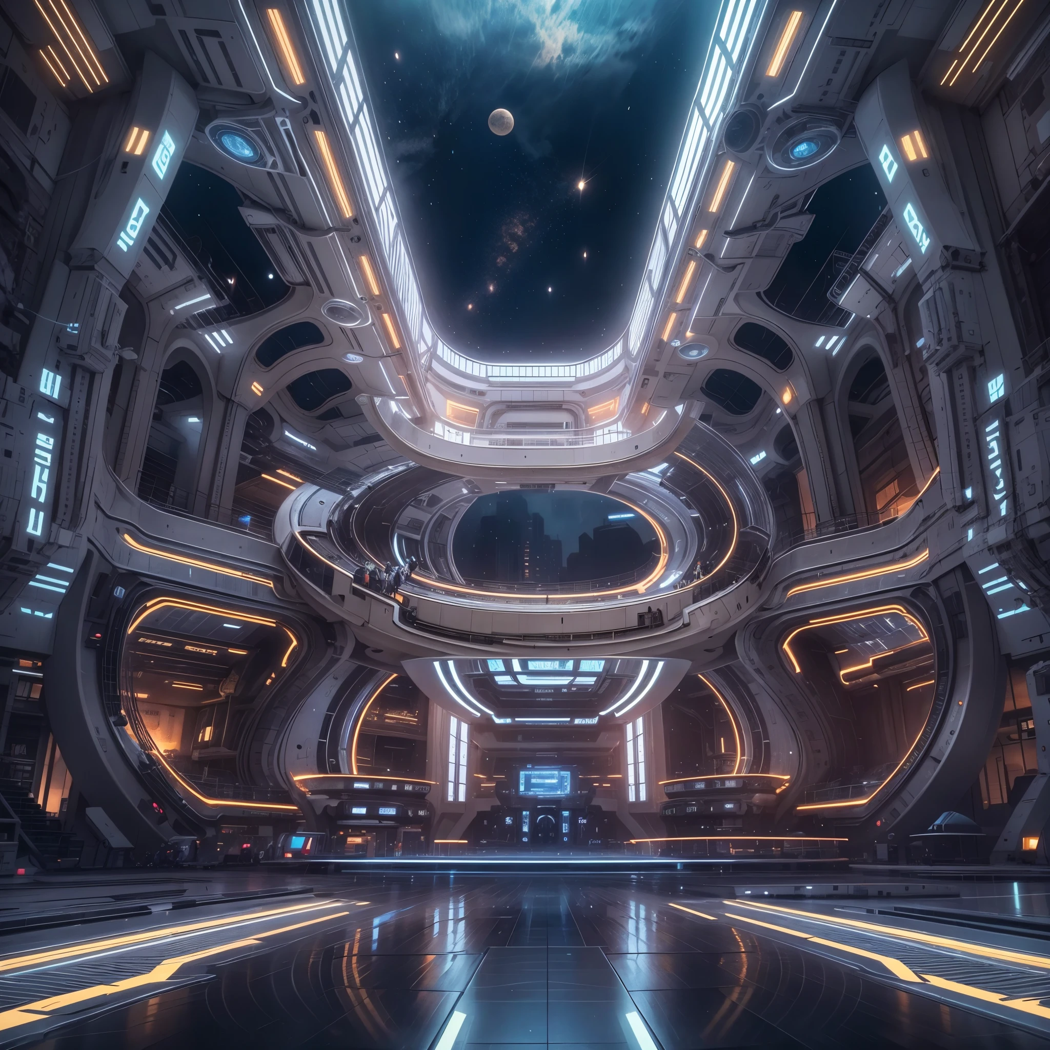 There is a huge spaceship floating in the sky，There is a large viewing platform，There&#39;s a huge engine in the back, futuristic interior, sci-fi interior, Detailed futuristic architecture, gorgeous 3d render, origami studio 3 design, rendered in lumion pro, stunning 3 d render