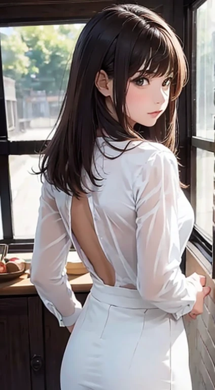 (1girl:1.3), (photorealistic:1.4), (masterpiece, top quality, best quality, official art), extreme detailed, highest detailed, (ultra-detailed), ((an extremely delicate and beautiful)), cinematic light,  contemporary, 
silky long hair, (brown hair), 
she standing at the station, in evening, 
shirt, long skirt, 
upper body, from above, 
shy, blush, (looking back:1.4)