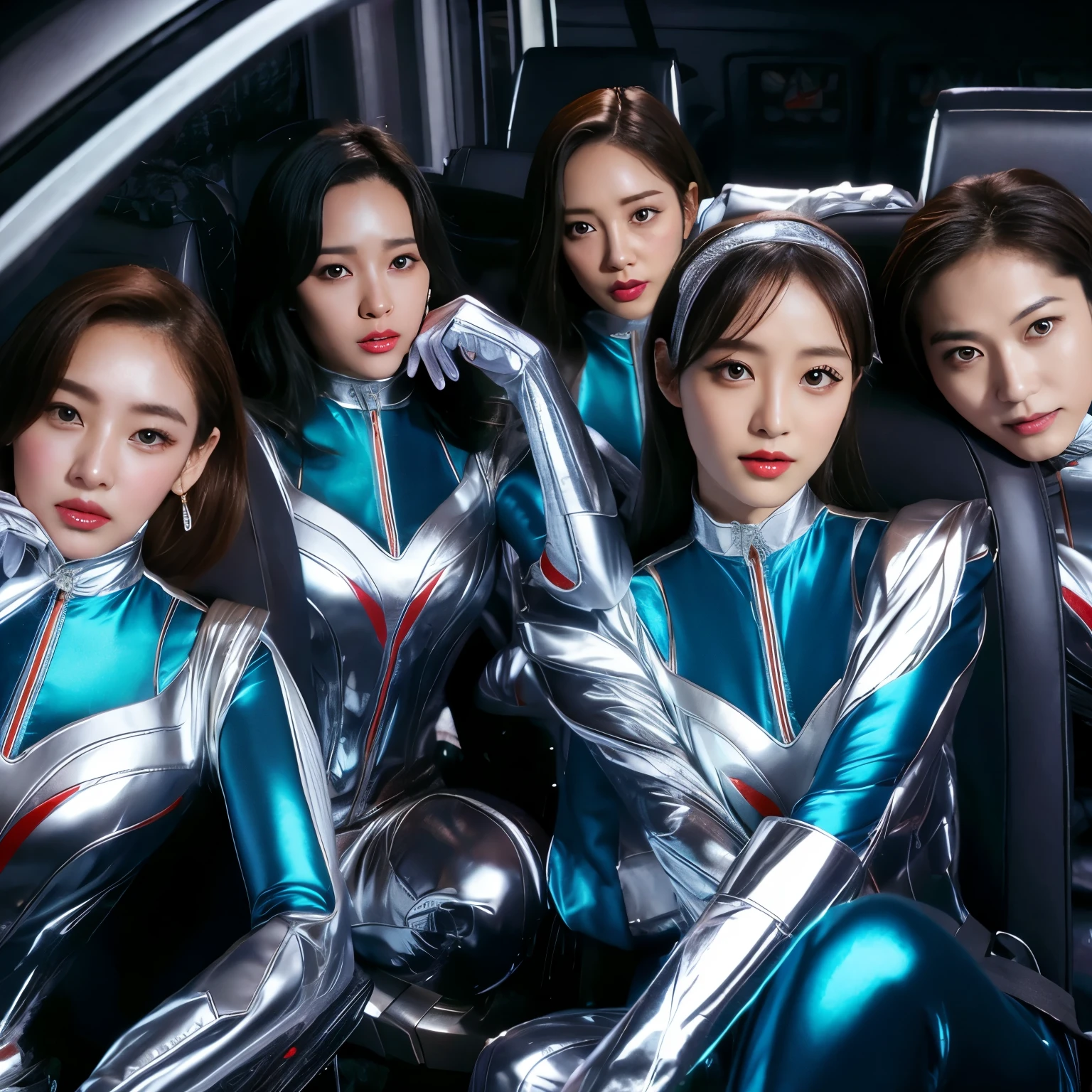best image quality、Super high resolution、(realism:1.4)、Korean beauty star、The most beautiful KPOP star、face、Horny Korean makeup、erotic expression、A body that makes you want to touch it、Erotic photos、Realistic satin fabric texture、Costume made of stretch satin fabric that is smooth to the touch、The drape of the curved part of the satin fabric、Strong luster of costume、costume quality、8K photo quality、Costume made of high-quality satin fabric with high density、Super-class battle leather cloak with a smooth texture、Super Sentai Women's Heroine Suit、Super-class battleship shiny costumes、Texture of costumes that satin fetishists respond to、Thin, glossy stretch satin fabric、
