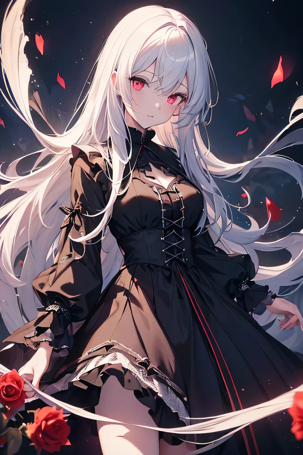 (High resolution, realistic, 4K, super detailed, masterpiece:1.2),cowboy shot (no hat:1.5), 1 ball-jointed doll, glowing red eyes, very long and beautiful pure white hair, black dress,Gothic and ta clothes, flowing dress, nihilistic, Expressionless, poker face, dynamic pose, Accumulating light, magical aura, particles of light, red rose, mysterious background, dramatic lighting, magical atmosphere, Bright colors, enchanting beauty