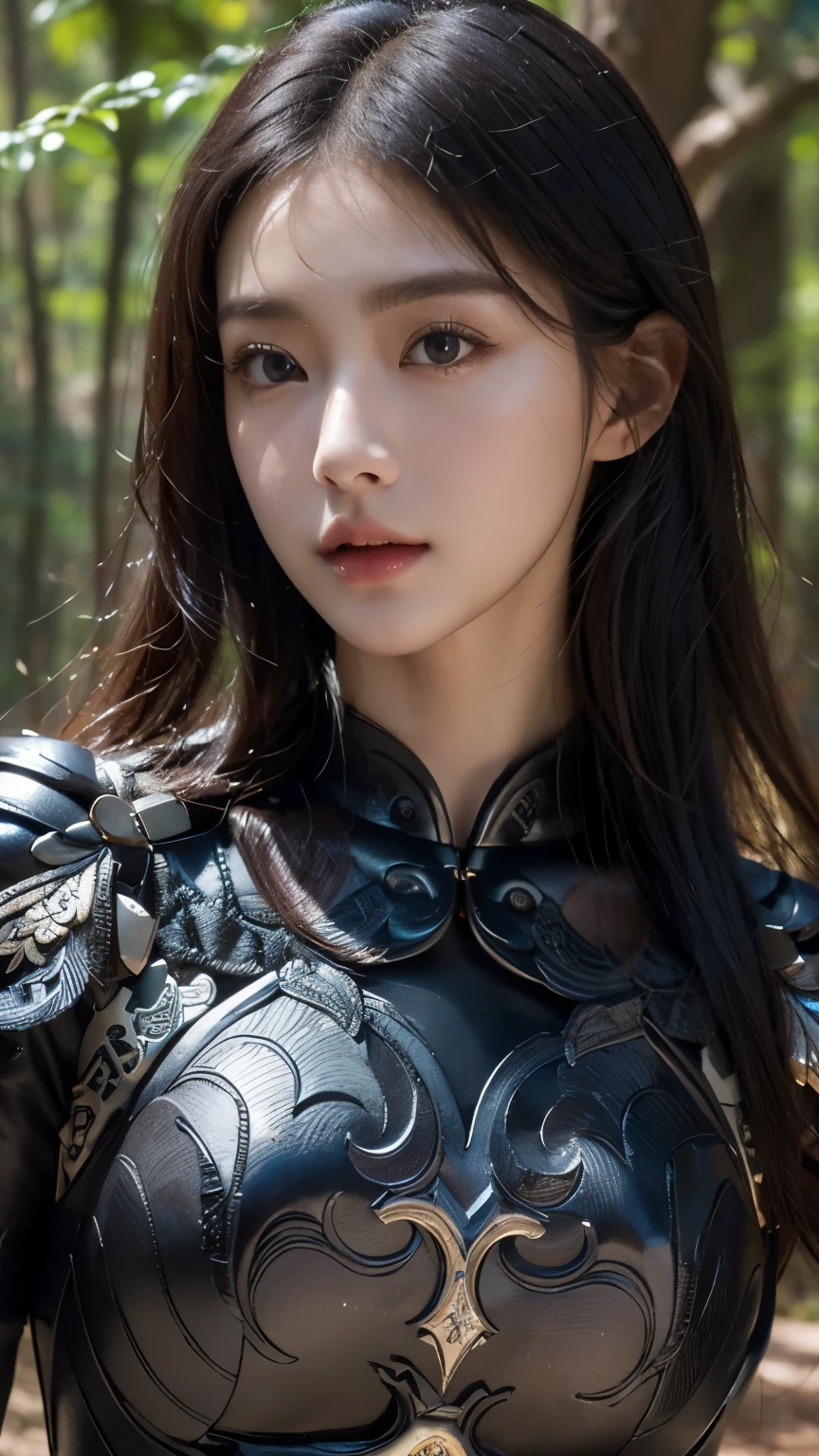 a sserafimsakura, perfect eyes, (ultra realistic:1.5), (standing in forest:1.2), (close-up photo:1.5), (black paladin armor:1.2), (intricate:1.2), (looking at camera:1.2), (best quality:1.2), 