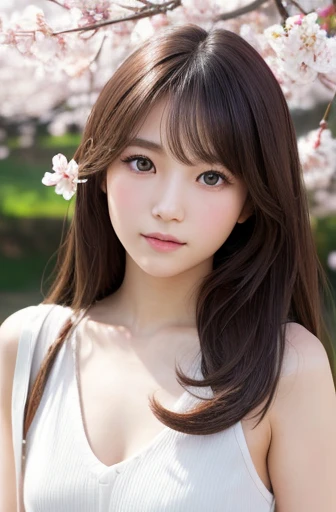 highest quality, soft light, ultra high resolution, (realistic:1.4), whole body,RAW photo, 1 japanese girl, alone, cute, (pupil, light in the eyes), detailed beautiful face, (small box),(High resolution details of human skin texture), (long hair), outdoor, skirt, (portrait),cherry blossoms
