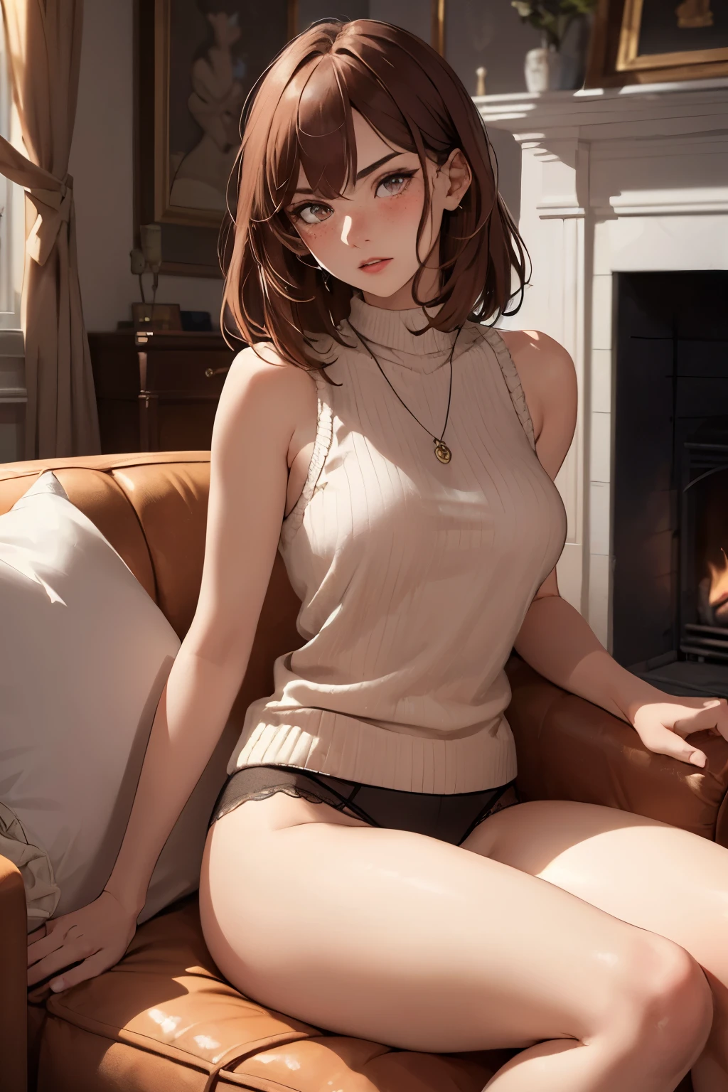 ((best quality)), ((masterpiece)), (detailed), Ridiculous resolution, high resolution, (masterpiece:1.4), Hyper-detailing, a woman. she is . Auburn hair. She has bangs in her hair. Red lips. blush. freckles. (Ultra detailed brown eyes)). she is lying by the fireplace on a sofa. She is wearing a sleeveless wool sweater. Wool panties. necklace. full body shot. she is angry.