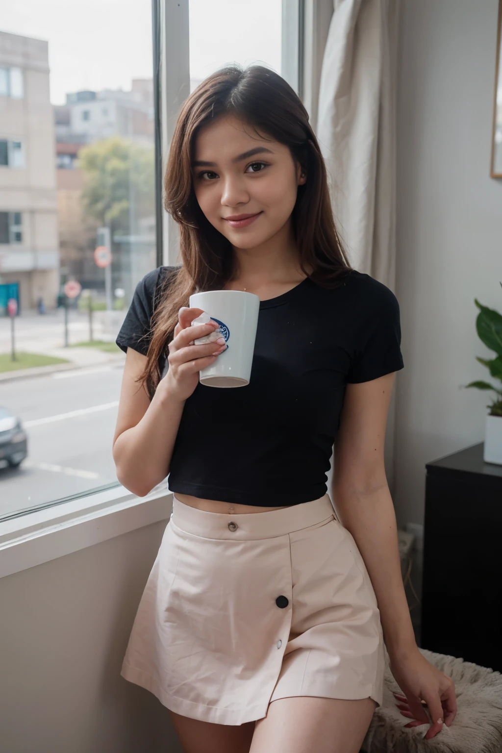 Maris Racal is wearing blue colour t-shirt and pink colour short skirt and she is standing near the window, beautiful smile, drinking coffee, very sexy post, perfect face, one mole is near the corner of her lip, realistic photo, best detail, natural lighting, best quality.