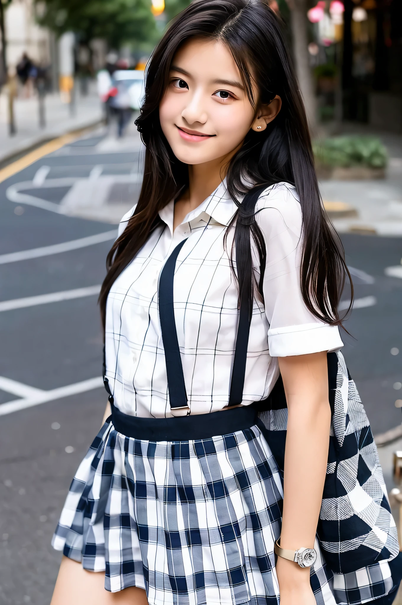 An 18-year-old high school girl wearing a checked super miniskirt and a white shirt...(black hair)