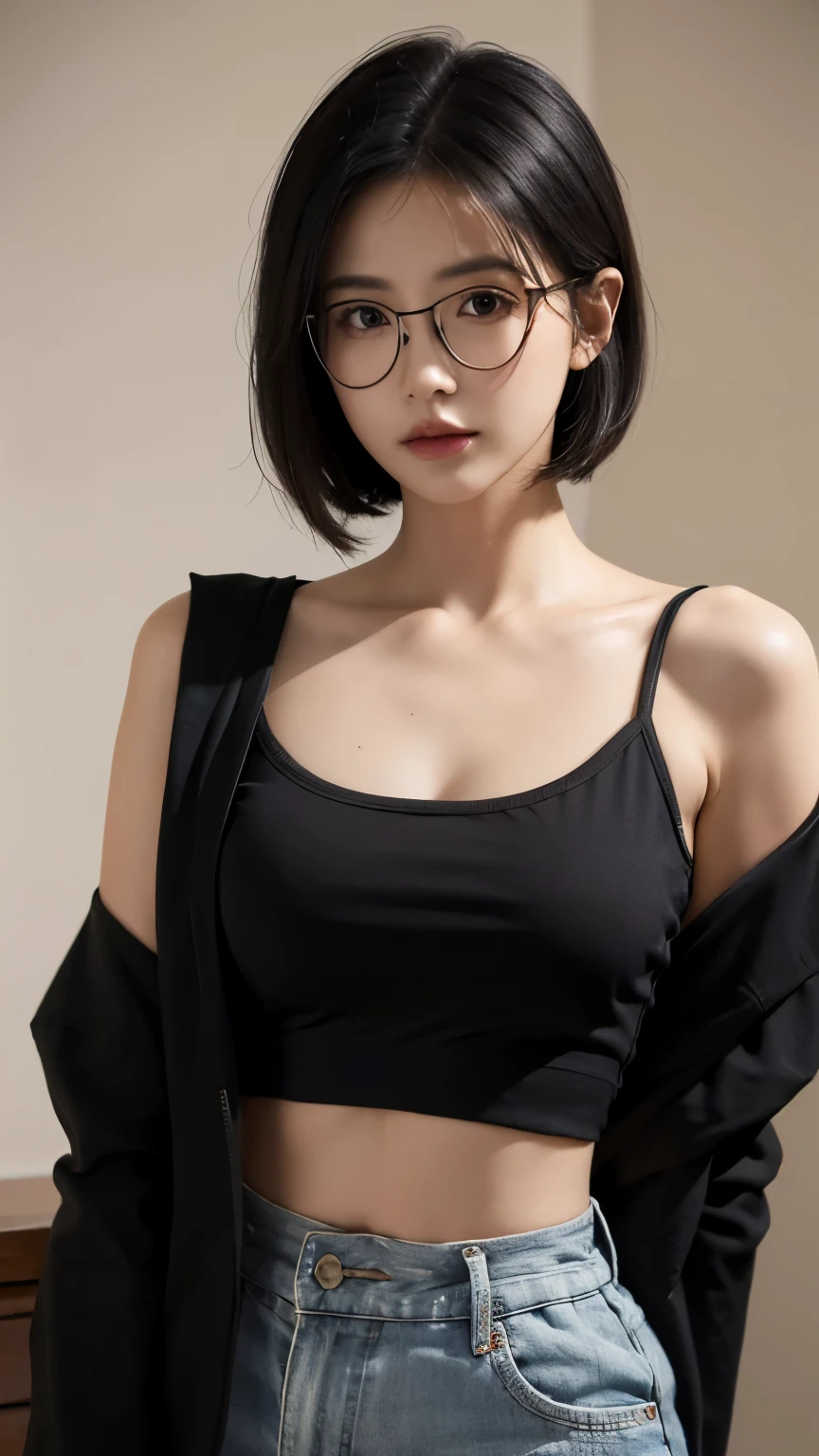 ((Matserpiece)), best quality, highres, Sarada, up, mature, adult, time skip, sort hair, thin glasses, bare shoulder, black jacket, crop top, black tank top, simple back grounr, sexy pose, black eyes, black hair, close up, earing, collarbone, uchiha symbol earing, very short hair, tomboy hair, tomboy, long tube top,