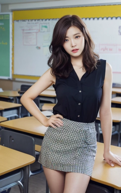 School Teachers、classroom、The chest is open in a V shape、Nothing is worn inside、mini skirt、Very sexy、A woman with the same face as last time(misaki)、4K、1people's women、slender、 Loose wavy styling 、full body shot、seductive and attractive,Including face and skin texture,detailed eyes、Looks like fun
