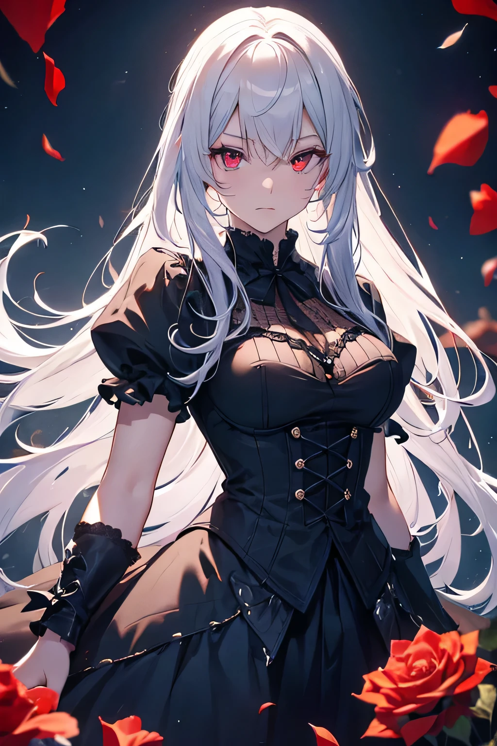 (High resolution, realistic, 4K, super detailed, masterpiece:1.2),cowboy shot (no hat:1.5), 1 ball-jointed doll, glowing red eyes, very long and beautiful pure white hair, black dress,Gothic and Lolita clothes, flowing dress, nihilistic, Expressionless, poker face, dynamic pose, Accumulating light, magical aura, particles of light, red rose, mysterious background, dramatic lighting, magical atmosphere, Bright colors, enchanting beauty