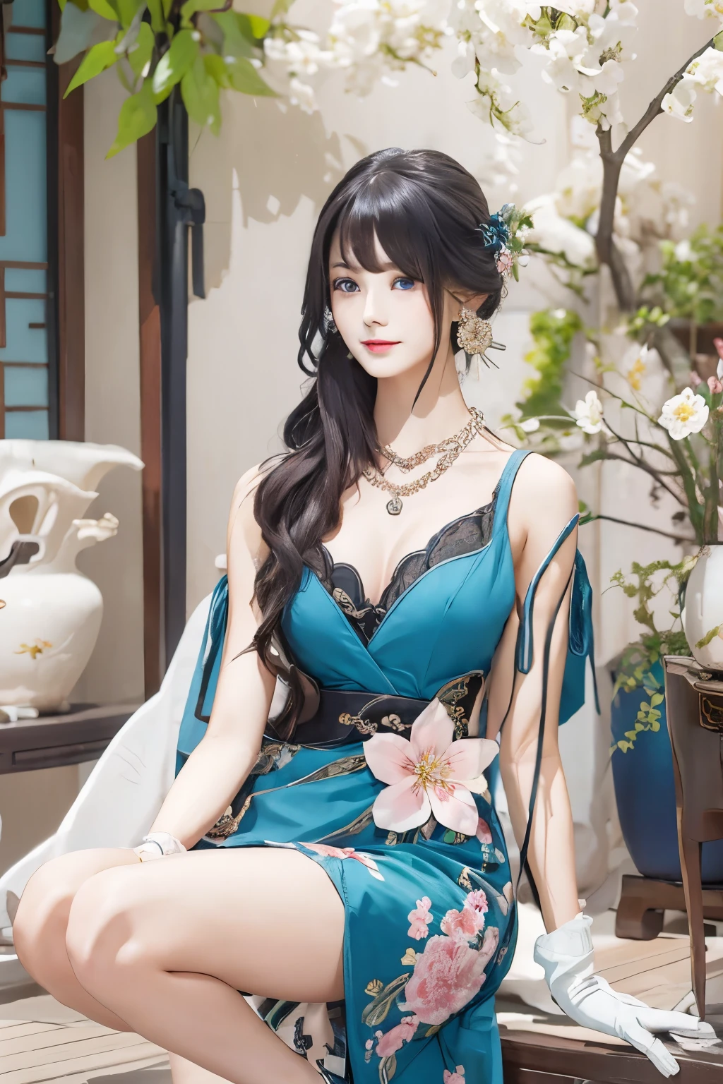 1girl, ruan mei , solo, green gloves, hair ornament, detached collar, necklace, capelet, thigh strap, pumps, looking at viewer, pink lips, smiling, depth of field, masterpiece, blue_eyes, smile, breasts, hair_ornament, hair_flower, hair_stick, hair_between_eyes, gloves, grey_gloves, long_hair, black_hair, bare_shoulders, jewelry,  blush, bangs, cleavage, large_breasts, dress, chinese_clothes, china_dress, floral_print, thigh_strap, high_heels, branch, realistic photo, bangs, Tzuyu