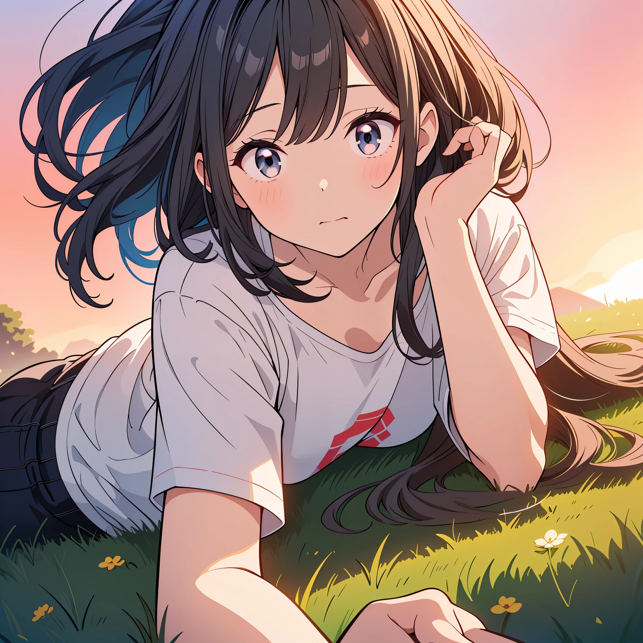 ( highres, ultra detailed, realistic, )(解剖学正确), 1 girl,long black hair, wind blow,pink white stripe T-shirt, One hand supporting the cheek, lying on the grass, black eyes looking at the sky, sunset sky background, ultra - detailed, best quality, Detailed diagram, vectorized, 8K, Graphic design, vector lines, Full-HD,仰视角度