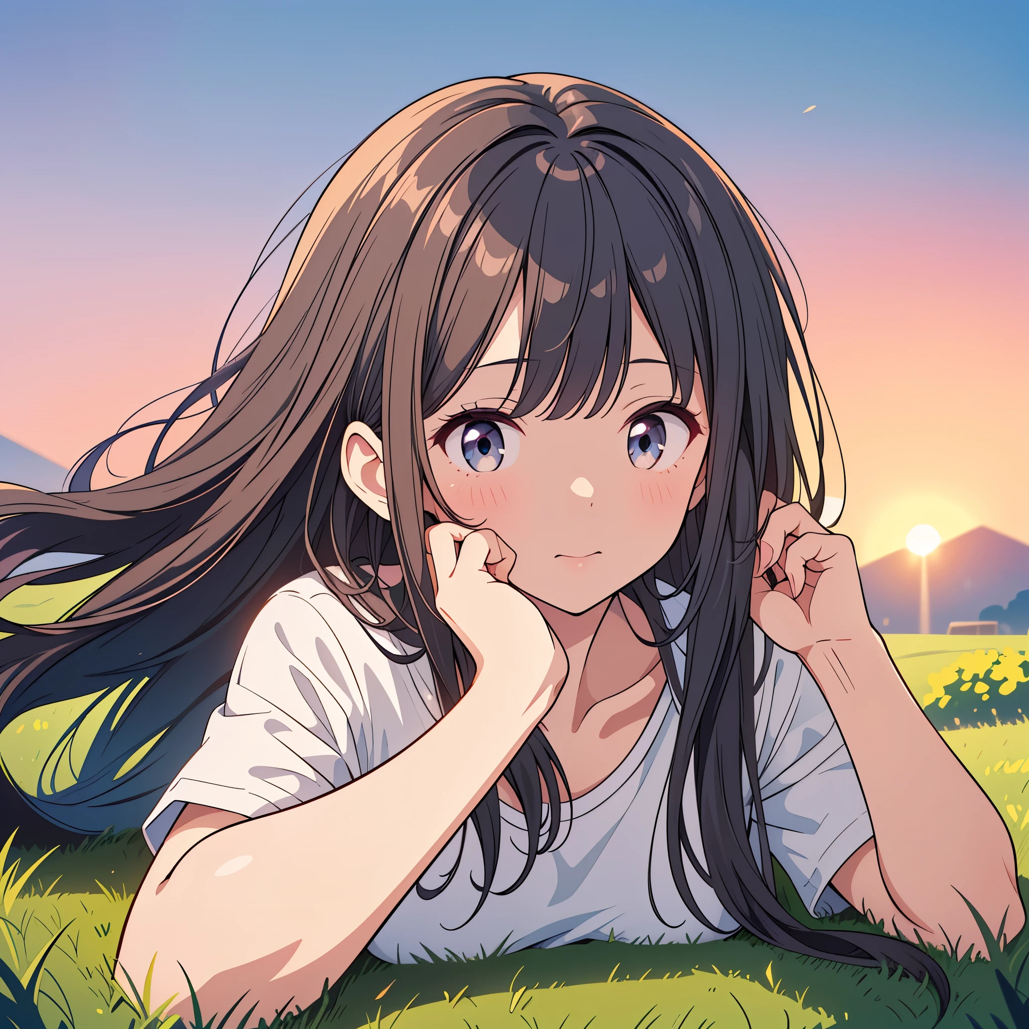 ( highres, ultra detailed, realistic, )(解剖学正确), 1 girl,long black hair, wind blow,pink white stripe T-shirt, One hand supporting the cheek, lying on the grass, black eyes looking at the sky, sunset sky background, ultra - detailed, best quality, Detailed diagram, vectorized, 8K, Graphic design, vector lines, Full-HD,仰视角度