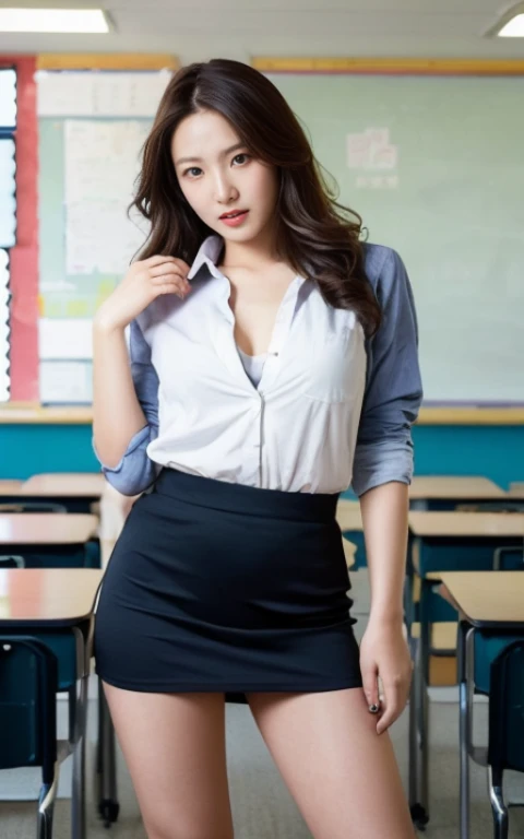School Teachers、classroom、The chest is open in a V shape、Nothing is worn inside、mini skirt、Very sexy、A woman with the same face as last time(misaki)、４Ｋ、１people&#39;s women、slender、 Loose wavy styling 、full body shot、seductive and attractive,Including face and skin texture，detailed eyes、Looks like fun