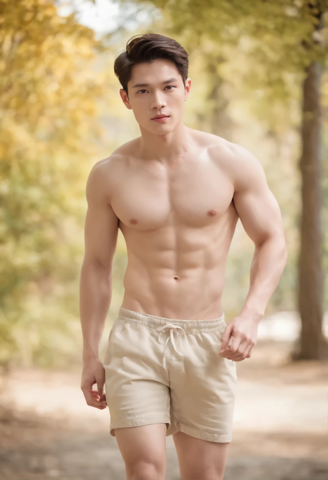 a photo-realistic image of a Thai male wearing shorts, (((fantastic, sensitive, irresistibly sexy, good looking, and beautiful handsome face))) with ((beautiful pale skin color with fine skin complexion)), (((muscular body, smooth very pale skin tone))), (((bare chest))), ((no top, no pants)), ((long black hair)), ((in the world of top male model legends)), walking in colorful fall-color arboretum, on a sunny day. ((full body shot)), studio lighting, photo-realistic, bright colors, ((ultra high resolution))