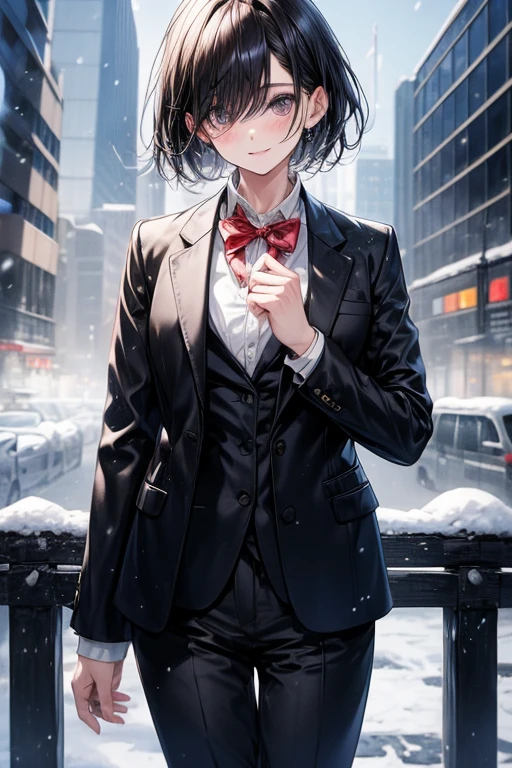 Japanese、black hair、shortcut、OL 、business suit、The jacket is white、masterpiece、最高masterpiece、highlight on eyes、hair is shiny、cute、in the city、one person、it's snowing、