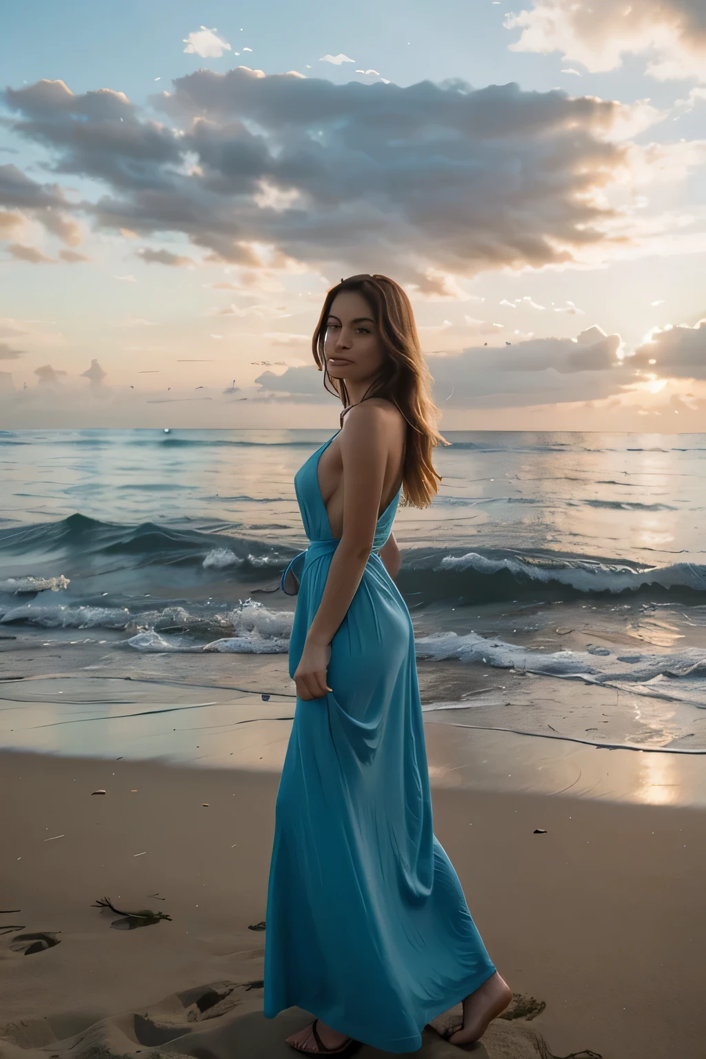 Modelo de glamour escandinavo de 30 anos, com olhos detalhados, long eyelashes, testa suave, seios grandes, cintura fina, cabelo longo, cabelo loiro caminhando na praia ao entardecer. She wears a long flowing blue dress, com o cabelo ao vento. The sky is dyed in shades of blue and orange, e o mar ao fundo complementa a cena.