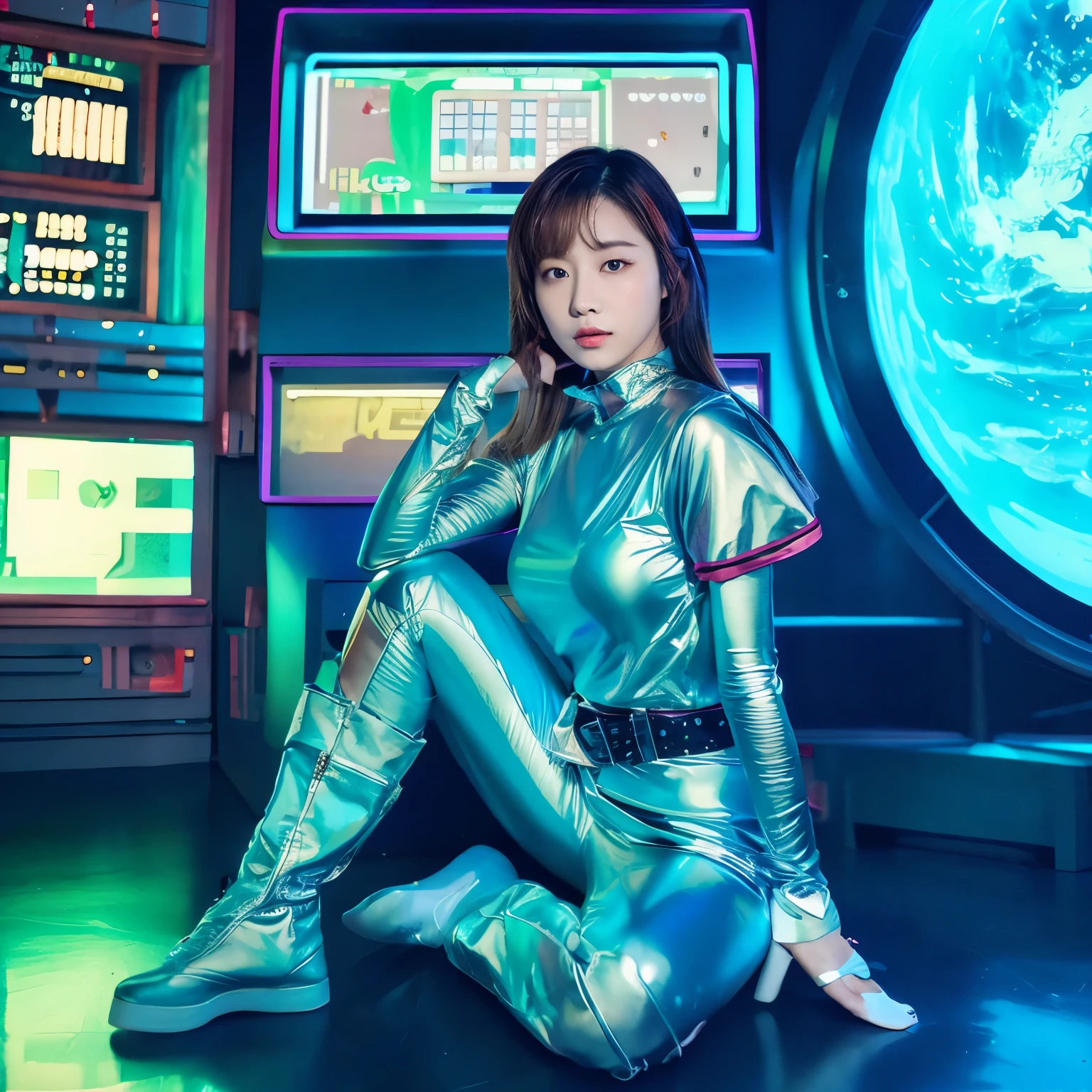 best image quality、Super high resolution、(realism:1.4)、Korean beauty star、The most beautiful KPOP star、face、Horny Korean makeup、erotic expression、A body that makes you want to touch it、Erotic photos、Realistic satin fabric texture、Costume made of stretch satin fabric that is smooth to the touch、The drape of the curved part of the satin fabric、Strong luster of costume、costume quality、8K photo quality、Costume made of high-quality satin fabric with high density、Super-class battle leather cloak with a smooth texture、Super Sentai Women's Heroine Suit、Super-class battleship shiny costumes、Texture of costumes that satin fetishists respond to、Thin, glossy stretch satin fabric、