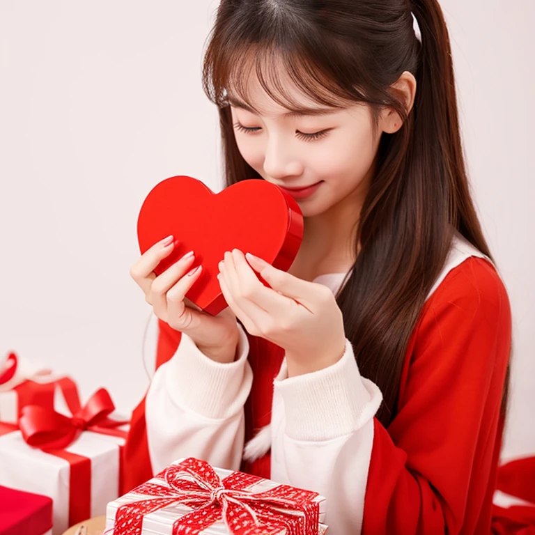 young woman、Heart-shaped present、Giving gifts、Valentine、Warm atmosphere、white background、画面に向かってGiving gifts
