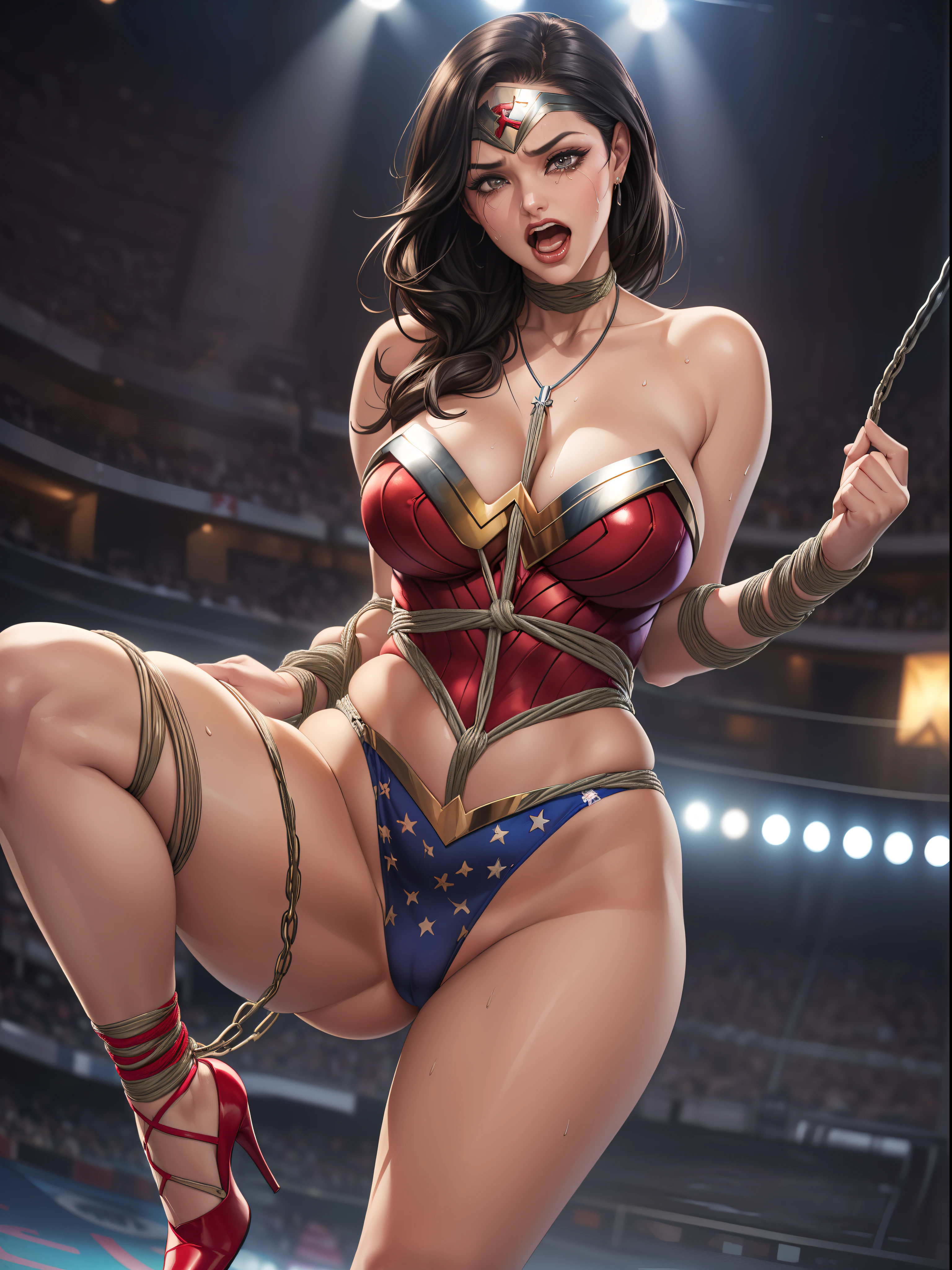 (((She's in the circus arena)), (She&#39;s wearing stiletto heels.), ((Your blouse is tattered, Your mesh is tattered, your uniform is tattered, seu traje esta esfarrapado, your clothes are tattered)), ((THE ACROBATIC POSE OF WONDER WOMAN SUPERHEROINE)), ((cadela, vagabunda, prostituta, vadia)) She is sweaty all over her body. (She is screaming in terror), (She is terrified), (She is crying a lot), ((ela tem cabelo preto, ela tem cabelo longo)), ((She is wearing a fishnet lace belt.)), ((Wearing a thick metal necklace around your neck )) She screams and begs for mercy, Ela cai no choro. Wearing a thick metal necklace around your neck with a chain. Usando maquiagem pesada no rosto. (Your clothes are immoral, your clothes are indecent). Shibari, arms behind the back:1.4), (hands on back), (obra-prima, melhor qualidade) 1.5, 1 garota, sozinho, (sexy, mulher bonita, rosto perfeito, olhos perfeitos) corpo inteiro, (Shibari, arms behind the back:1.4), (hands on back), ((cabelos pretos)). ((High definition face)).