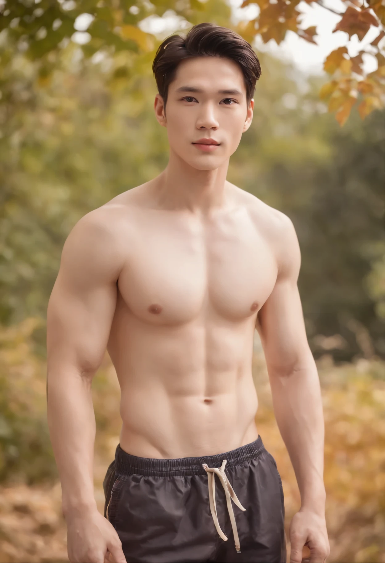 a photo-realistic image of a Thai male wearing shorts, (((fantastic, sensitive, irresistibly sexy, good looking, and beautiful handsome face))) with ((beautiful pale skin color with fine skin complexion)), (((muscular body, smooth very pale skin tone))), (((bare chest))), ((no top, no pants)), ((long black hair)), ((in the world of top male model legends)), walking in colorful fall-color arboretum, on a sunny day. ((full body shot)), studio lighting, photo-realistic, bright colors, ((ultra high resolution))