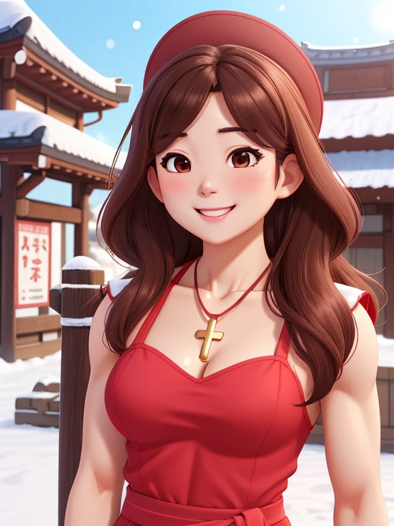 attractive korean woman, ripped muscle, muscular body, small breast, pale skin, smile(blush), nude, cross necklace, sixpack abs, [ultra detailed skin:1.2], brown hair, long wavy hair, 8k uhd, pussy, full body, crowd, public, snow, standing,