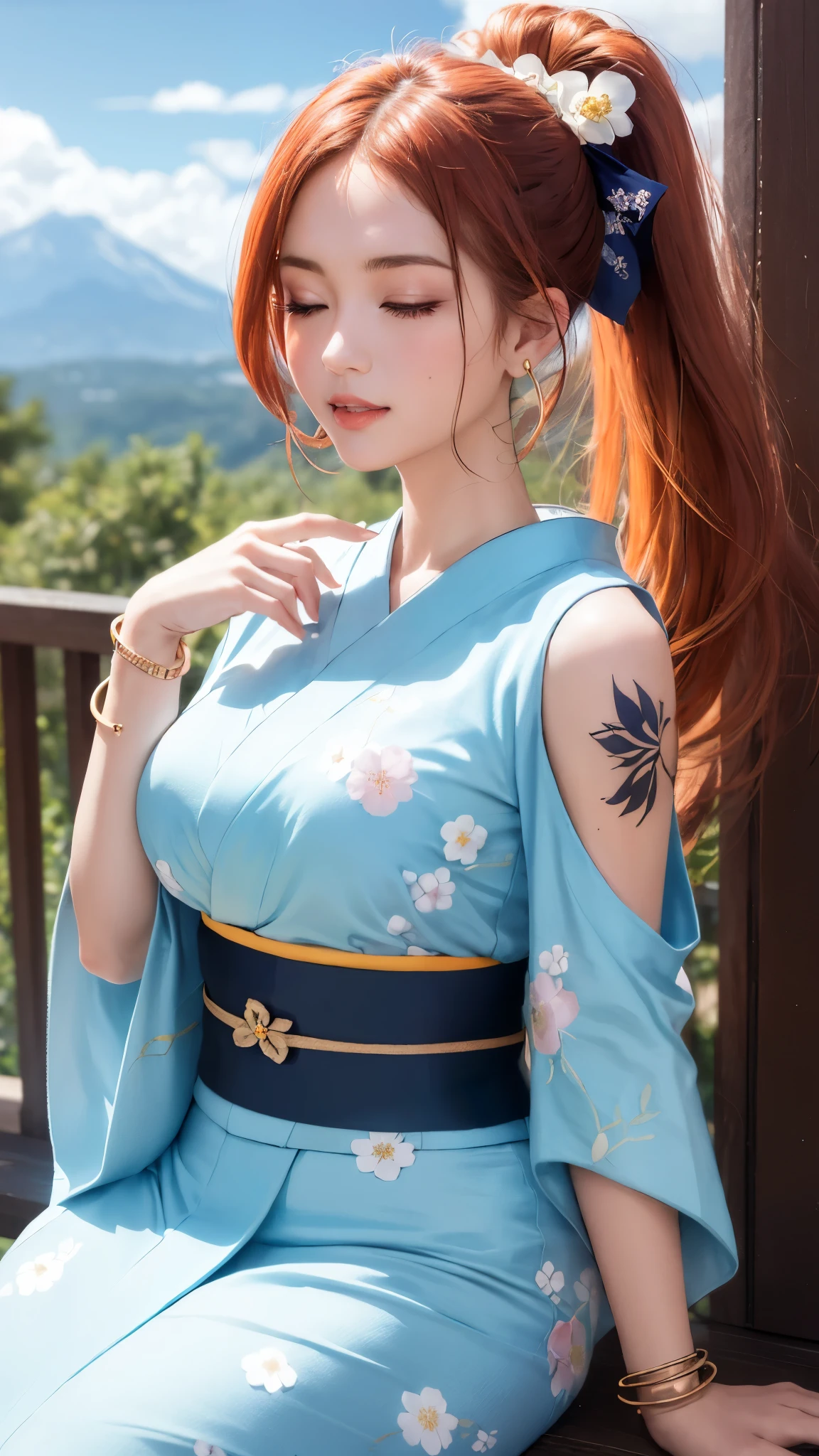 2d, masterpiece, best quality, anime, highly detailed face, highly detailed background, perfect lighting, wano, nami, 1girl, solo, one eye closed, long hair, smile, jewelry, sash, japanese clothes, obi, orange hair, kimono, bow, light blue kimono, flower, flower print, earrings, looking at viewer, sleeveless kimono, ahoge, ribbon, hair bow, sky, day, bracelet, sleeveless, ;\), blue bow, outdoors, breasts, cloud, closed mouth, ponytail, blue sky, brown eyes, orange eyes, left shoulder tattoo, bare shoulders, very long hair, sidelocks, bangs, collarbone, upper body, left arm tattoo, bare arms, official alternate costume, blurry, hand gesture, alternate costume, medium breasts, blurry background, large breasts, eyelashes, mountain, parody, cloudy sky, sitting, shiny hair, bangle, wavy hair, orange hair
