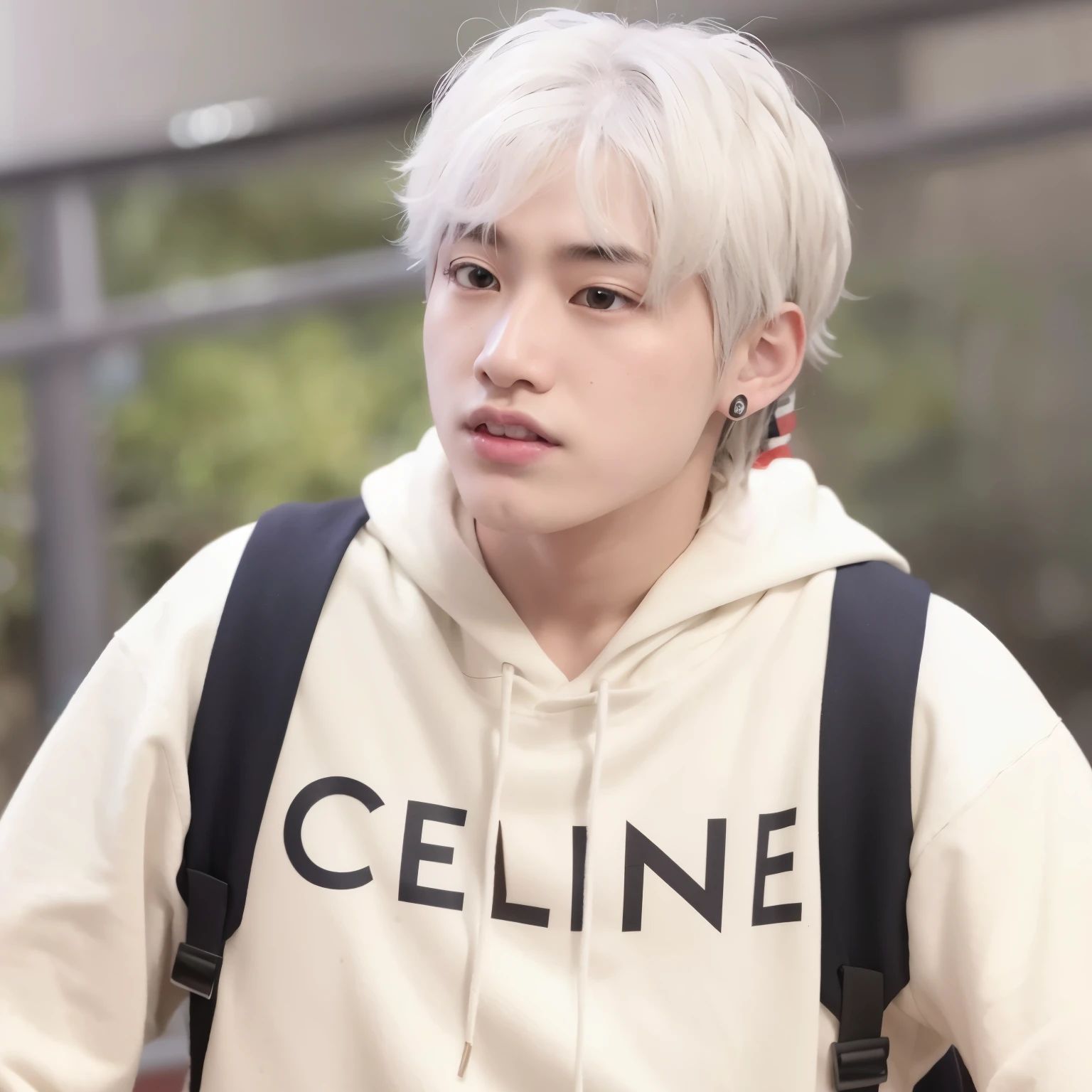 un primer plano de una persona que llevaba una sudadera con capucha y una mochila, cai xukun, hyung tae, con el pelo largo y blanco, marimacho de pelo corto platino, pintar ulzzang, clina cristiana, su cabello es blanco, hong junio hyung, jossi de blackpink, chen xintong, el tiene pelos gris oscuro, TaeJune Kim, con pelo blanco corto y ondulado
