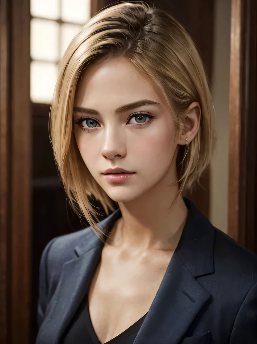 ((masterpiece、highest quality、genuine、Super detailed、High resolution、photogenuineistic、sharp focus、genuineistic photo、cinematic lighting))、Portrait of a European girl、3/5 shot、beautiful face、physically thin、hair above one eye、medium side cut、blonde hair、black business suit suit、Detailed chest depiction