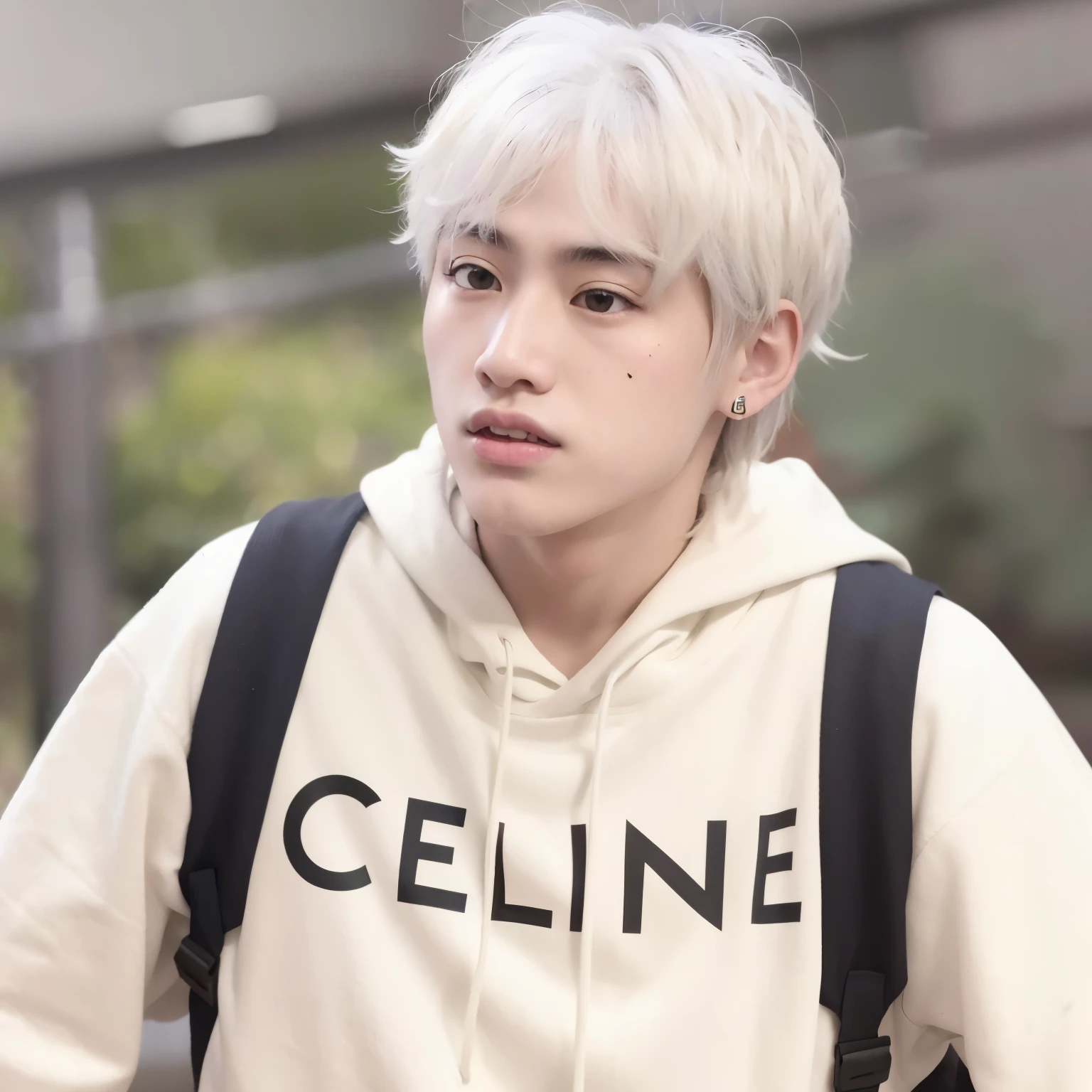 un primer plano de una persona que llevaba una sudadera con capucha y una mochila, cai xukun, hyung tae, con el pelo largo y blanco, marimacho de pelo corto platino, pintar ulzzang, clina cristiana, su cabello es blanco, hong junio hyung, jossi de blackpink, chen xintong, el tiene pelos gris oscuro, TaeJune Kim, con pelo blanco corto y ondulado