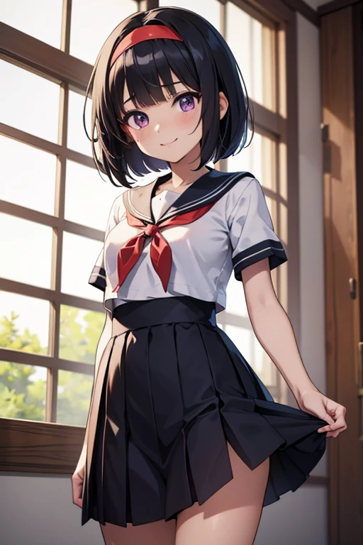 Anime girl with black hair and a sailor suit, Anime style 3D, Rendering of anime girls, かわいい 3 d Rendering of anime girls, realistic young anime girl, Smooth anime CG art, headband, smile, cute, purple eyes, small breasts, tall, Straight hair, short bob cut,long skirt, slanted eyes, 