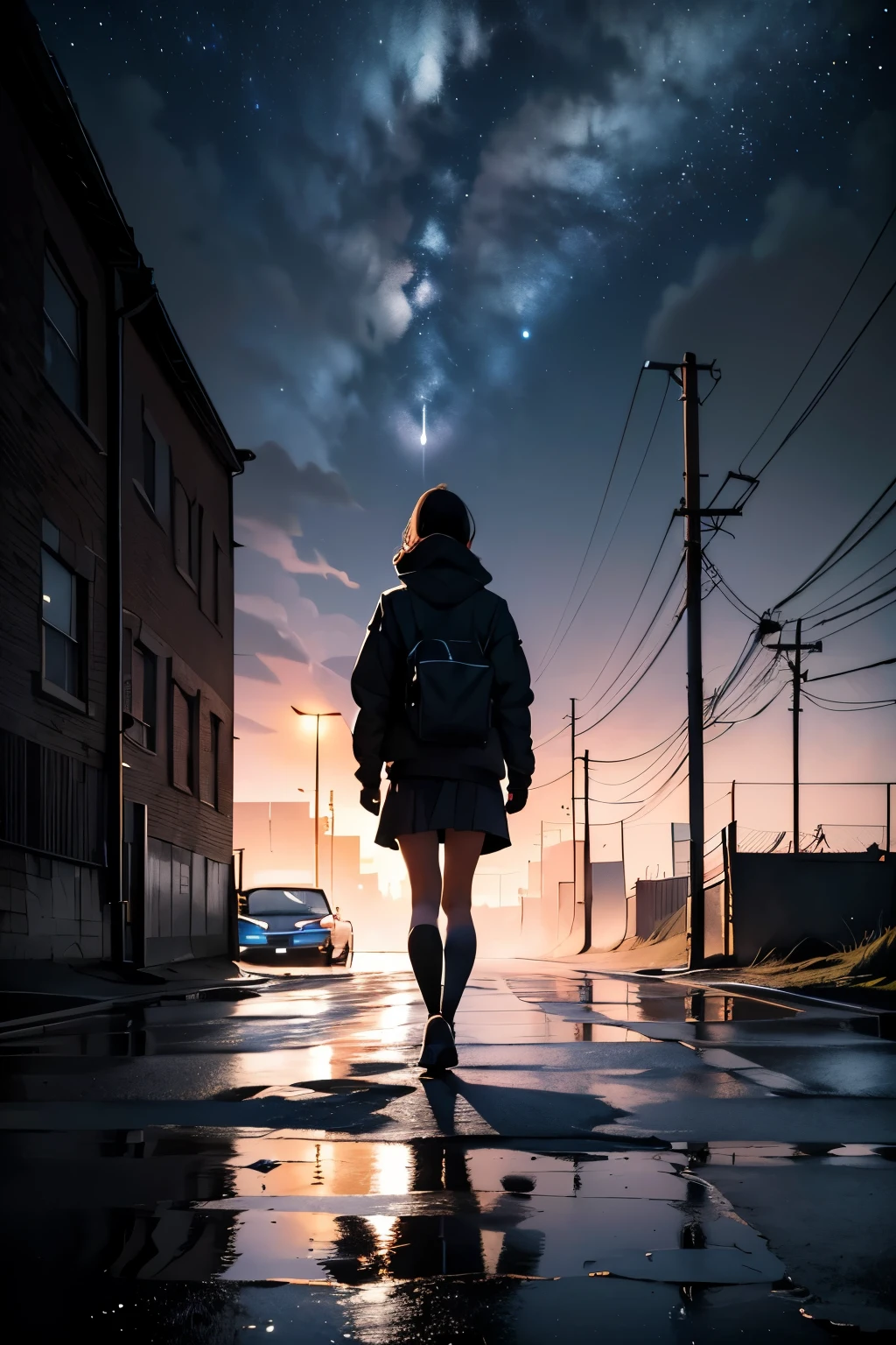 (best quality,4k,8k,highres,masterpiece:1.2),ultra-detailed,(realistic,photorealistic,photo-realistic:1.37),long and winding road, pitch-black darkness, remote country road, isolated,A girl standing in the middle of the road,starry night sky,moonlit landscape,moody atmosphere,ominous,narrow pavement,cracked asphalt,overgrown trees reaching out,creepy shadows,desolate,twinkling streetlights in the distance,haunting silence,loneliness,desperation,captivating aura,distant echoes of footsteps,vivid colors,high contrast,enhanced shadows and highlights,heavy fog,mysterious figures in the distance,slowly disappearing into the darkness,light streaks from passing cars,cold breeze,an abandoned car by the roadside,an unlit lamppost casting eerie shadows,reminder of past tragedies,melancholic mood,deep sense of isolation,uncanny sense of foreboding.