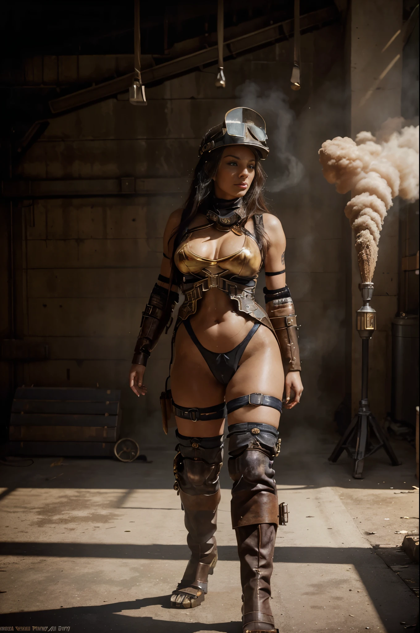 There is a sexy plump woman with naked cunt and tall man wearing a steam helmet, steampunk concept art, full body view, Smoke mist background,digital steampunk art, High-quality steampunk art, wojtek fus, steampunk digital art, Detailed illustration of wild steampunk, Portrait of a Golden Mechanical Woman, steampunk art, Dieselpunk style, Cyberpunk steampunk, steampunk fantasy style, Highly detailed digital art in 4k, sci-fi steampunk