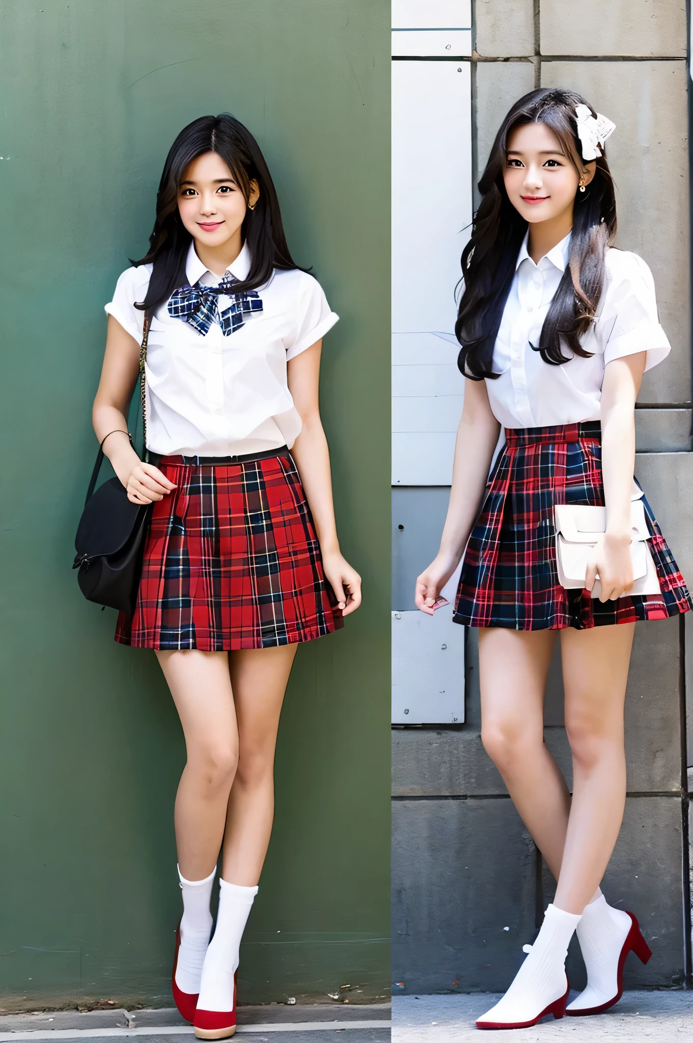 An 18-year-old high school girl wearing a super miniskirt with a red plaid pattern and a white dress shirt...(black hair)
