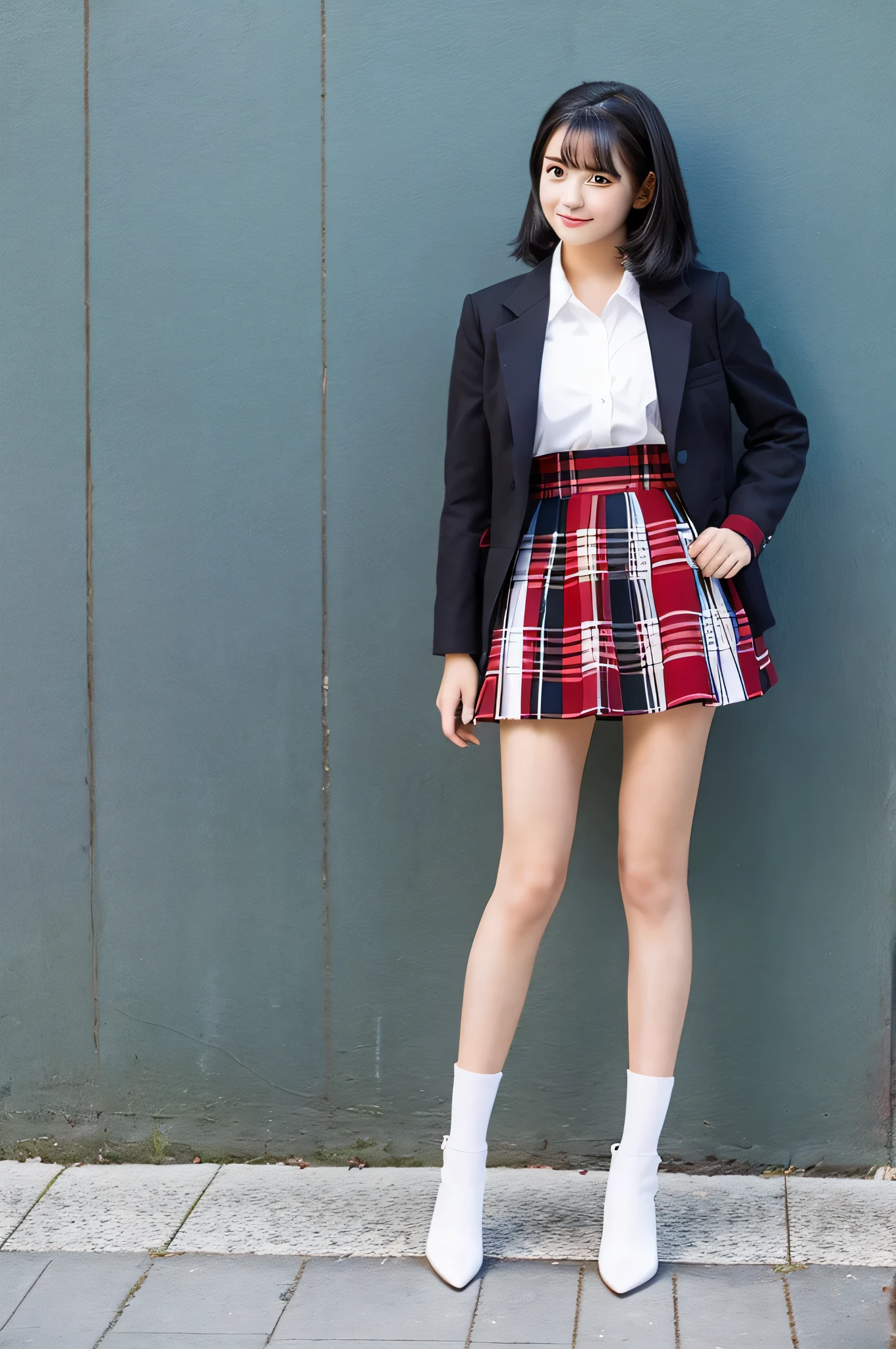 An 18-year-old high school girl wearing a super miniskirt with a red plaid pattern and a white dress shirt...(black hair)