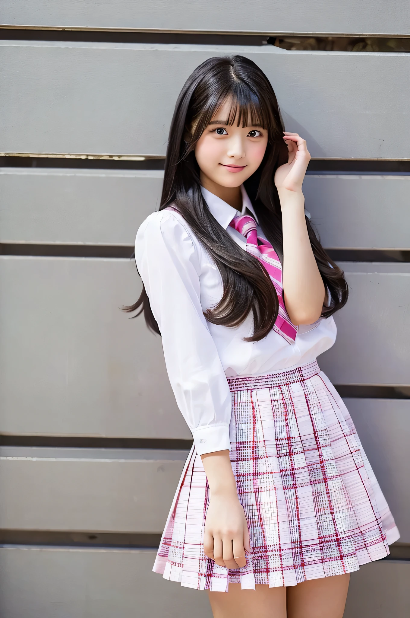 An 18-year-old high school girl wearing a pink plaid super miniskirt and a white dress shirt...(black hair)