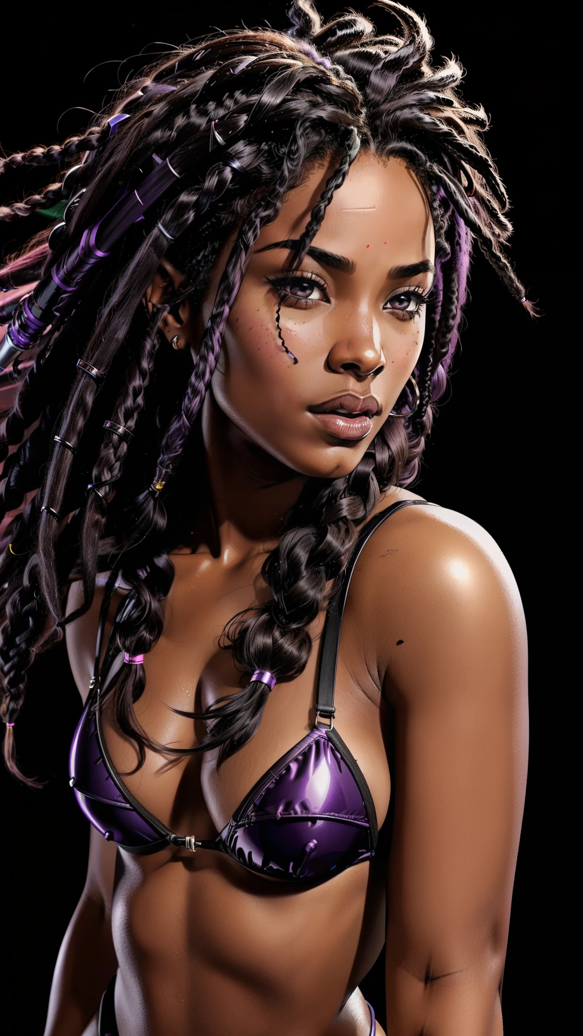 An (African-American) female, with dark (black dreadlocks), purple eyes, dark (brown skin), (pointed ears), (slutty assassin), (sexy) black armor (Bikini), (lust) demon, (Sci-fi) fantasy, (close-up shot), perfect composition, hyper-detailed, 8K, high quality, (perfect eyes), trending art, sharp focus, studio photo, intricate details, (Pin-up) pose