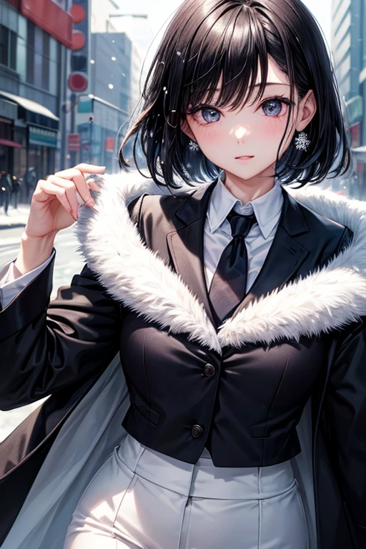 Japanese、black hair、shortcut、OL 、business suit、The jacket is white、masterpiece、最高masterpiece、highlight on eyes、hair is shiny、cute、in the city、one person、it's snowing、