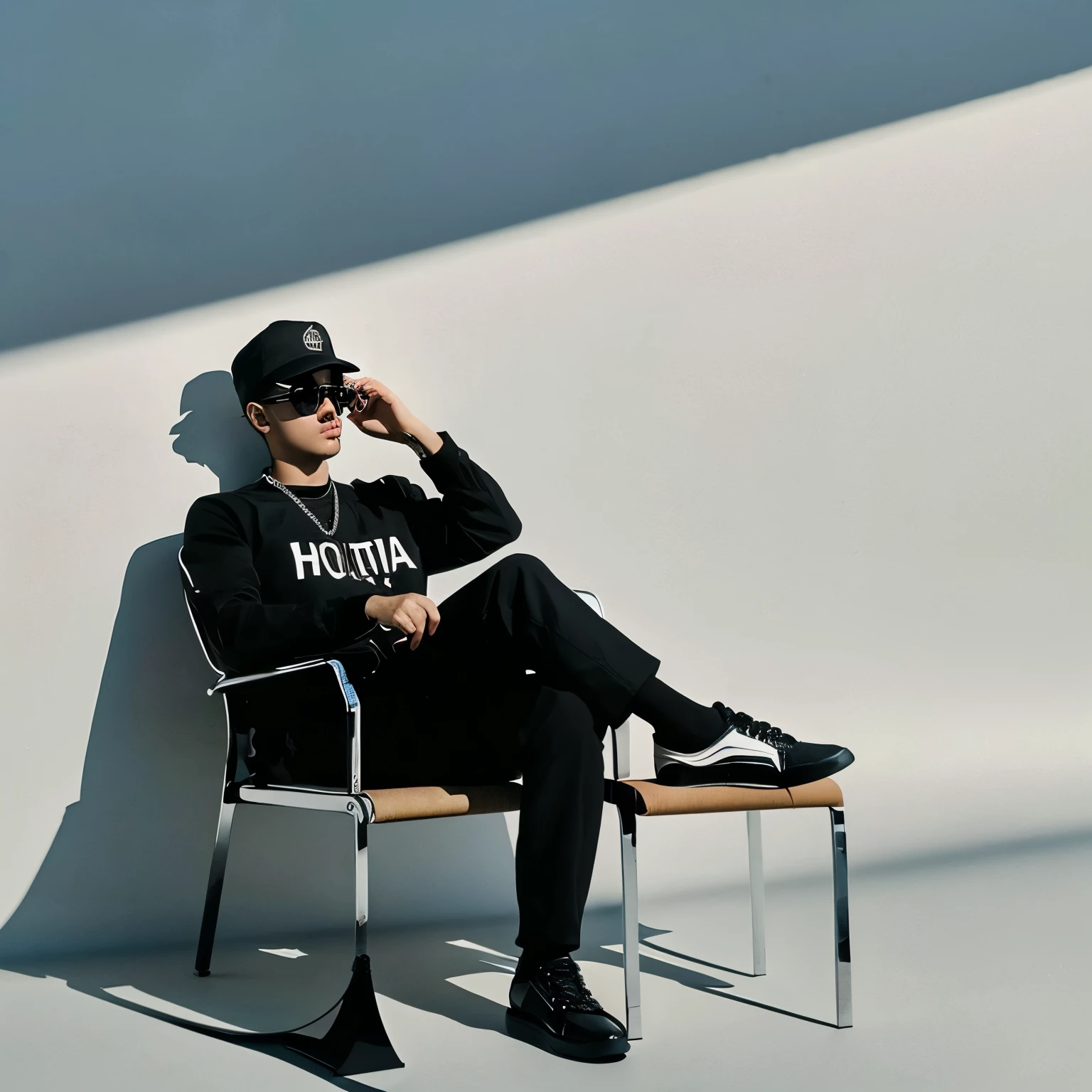 Create a 30 illusion for a inst profile picture where a git in a black shirt sits casually on a Wingback Chain Wearing sekas, a black cricket cap and sunglasses, he louksanent. The background Textures o im bigand capital white fonts on the black wall. There should not be his shadow, and there are wings so make it appear as if he