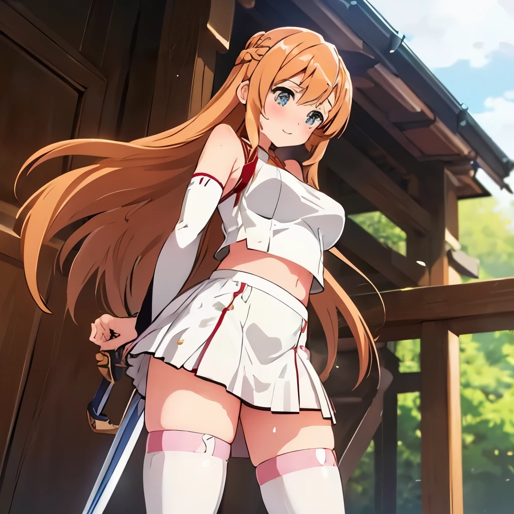 Asuna(Sword Art Online), chestnut hair, long hair, hazel eyes, big breasts, sweating, blush, smilling, white armor, detached white sleeves, red skirt, lace trimmed white panties, white thighhighs, standing, lift skirt, full head, beautiful legs, perfect eyes, high quality face, ((from below)), skirtlift