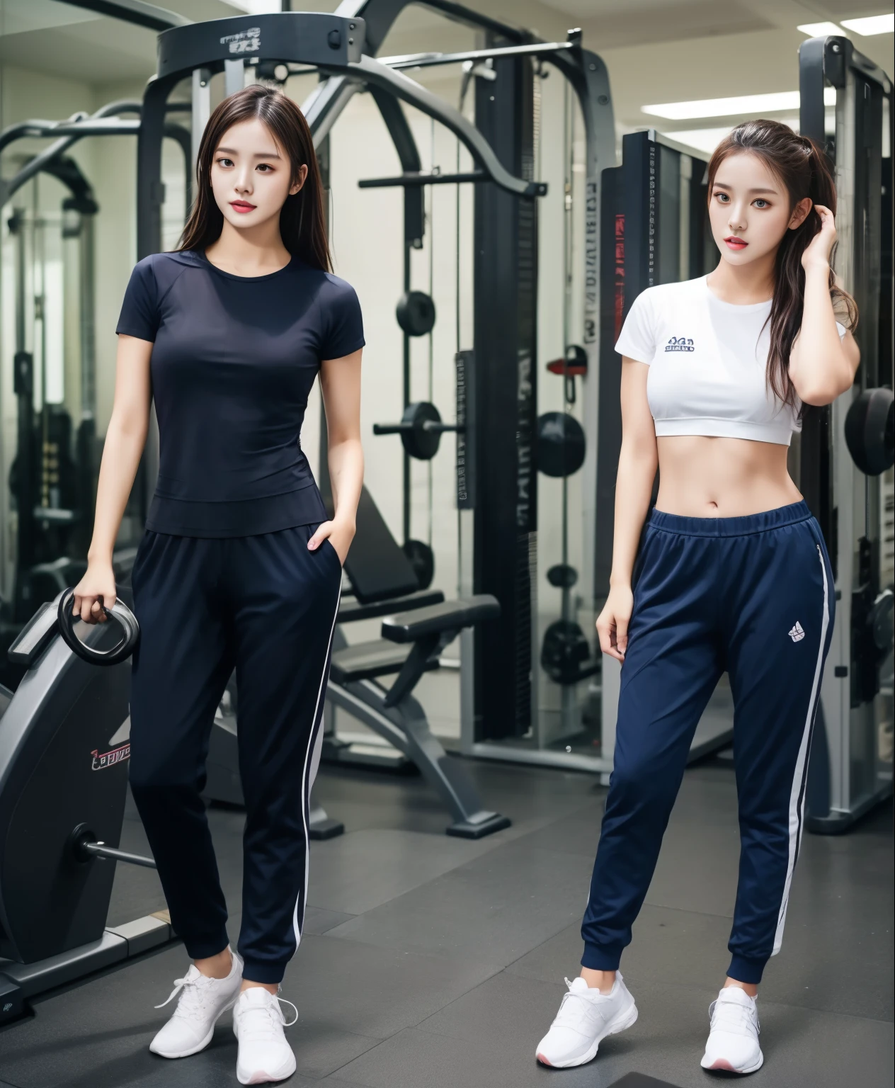 2 girls in fitness center, Navy blue short-sleeved shirt,Navy Long Trackpant,Sweatpants, Sweatpantsขายาว,25 year old girl, lesbian, sexy, exercise clothes, wet body