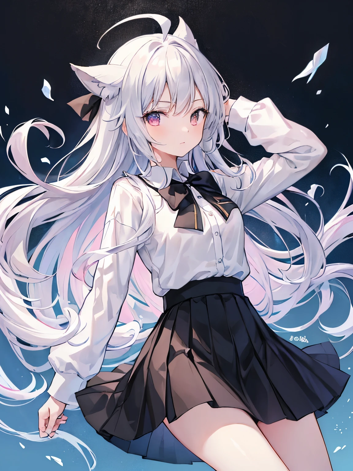 ((masterpiece, highest quality)), (1 girl), (alone), (female focus), (Ahoge, gray hair, very long hair), gold eyes, light smile, open your mouth, ((white shirt), (buttoned shirt), (button gap)), ((black skirt), (short skirt)), Are standing, white background, turn your arms behind your back, dynamic angle,