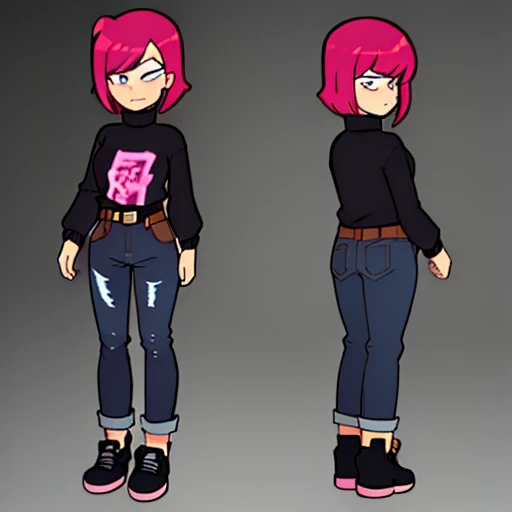 magenta hair,hair is styled in a bun,magenta bangs,black turtleneck,jeans,jean pants,white skin,bleach white skin,bangs covering eyes,black canvas shoes,cancas shoes,reference,reference sheet