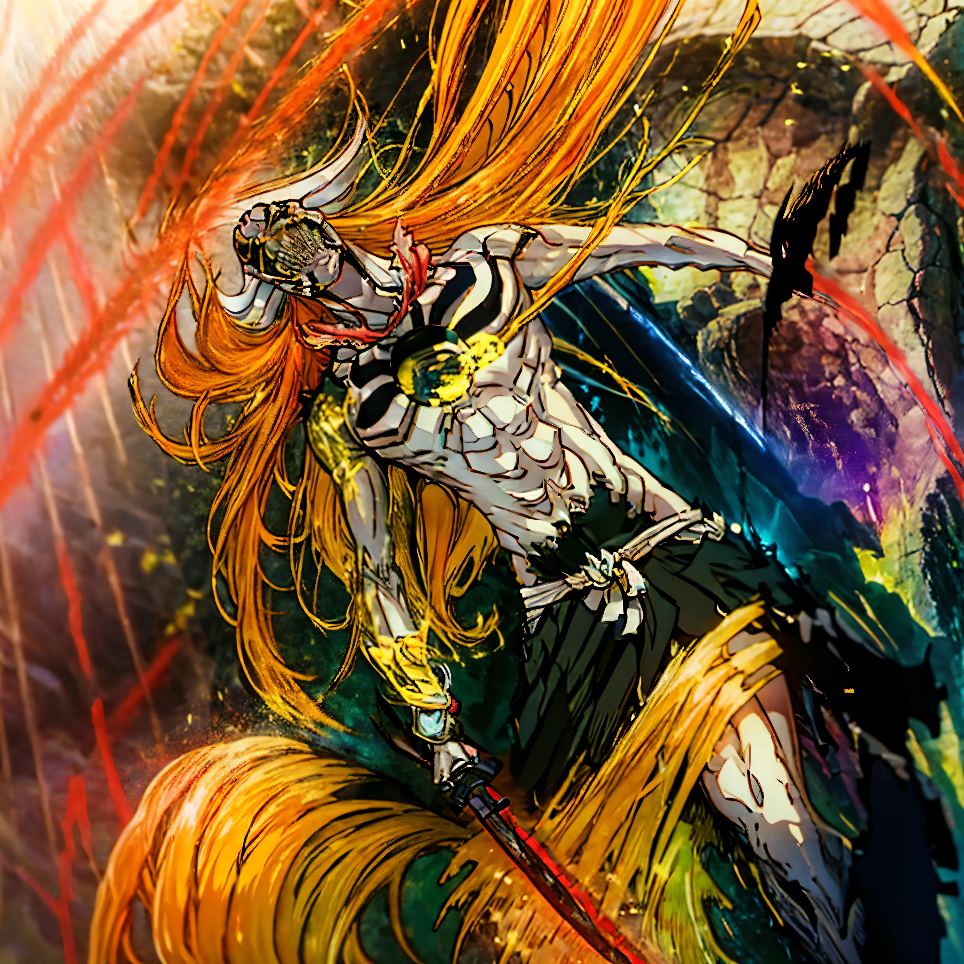 Ichigo-Kuroski Character ((Male)) , Orange Hair Ichigo Bleach style , One (( Samurai)) Bankai sword, Black Eyes , (( CUTE )) , Only One Character , (( Focus on a Character )) , Digital Anime combat Pose, Powerful , Beautiful Man , large black Sword, multidimensional geometric wall PORTRAIT, arte, Chibi, Yang08k, lindo, Colouring, Primary works, qualidade superior, melhor qualidade, Arte Oficial, Beautiful and Aesthetic, varied multi etc. --v 6 --s 1000 --c 20 --q 20 --chaos 100