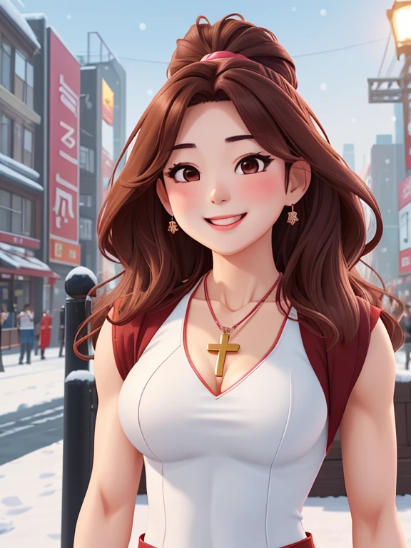 attractive korean woman, ripped muscle, muscular body, small breast, pale skin, smile(blush), sequins slit dress, cross necklace, sixpack abs, [ultra detailed skin:1.2], brown hair, long wavy hair, 8k uhd, full body, crowd, public, snow, standing,