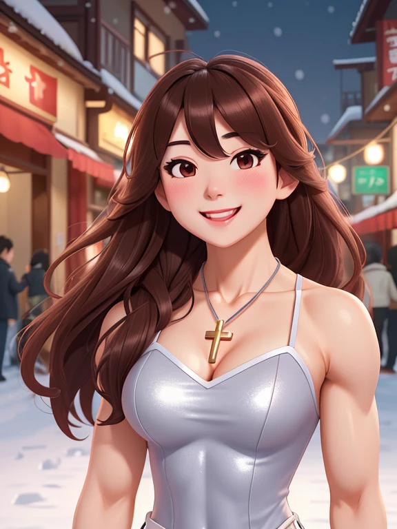 attractive korean woman, ripped muscle, muscular body, small breast, pale skin, smile(blush), sequins slit dress, cross necklace, sixpack abs, [ultra detailed skin:1.2], brown hair, long wavy hair, 8k uhd, full body, crowd, public, snow, standing,