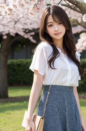 full_body, (best quality,4k,8k,highres,masterpiece:1.2),soft lighting, ultra-high resolution, (realistic:1.4),RAW photography, 1 Japanese girl, alone, cute, (detailed and beautiful eyes, sparkling eyes), beautiful detailed face, (small box), (high-resolution detailed texture of human skin), (long hair), outdoor, skirt, (portrait), cherry blossoms